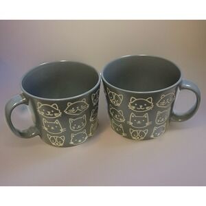2 Boston Warehouse Gray Large Soup  Souper Mugs Cat Faces Ceramic Mugs Cups